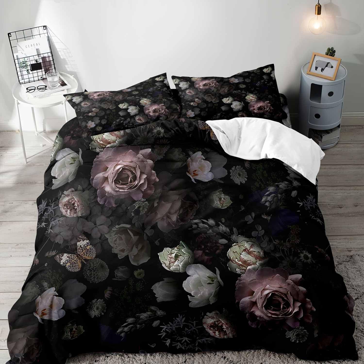 Aesthetic Floral Duvet Cover - Schwarzes florales Bettbezug-Königin-Bettwäsche-Set, Gothic-Bettwäsche, dunkle Moody,