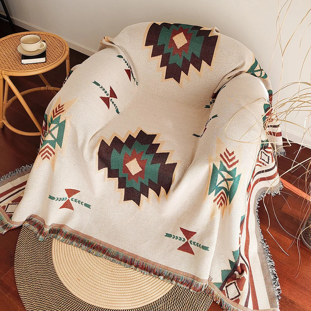 Boho Throw Blanket Fringe - Übergroße Boho-Aztekendecke mit Fransen, Südwest-Überwurfdecke mit