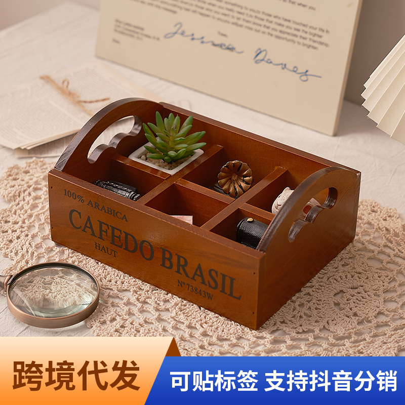 Storage & Organization - Zakka Retro-Holzbox mit sechs Fächern, tragbare