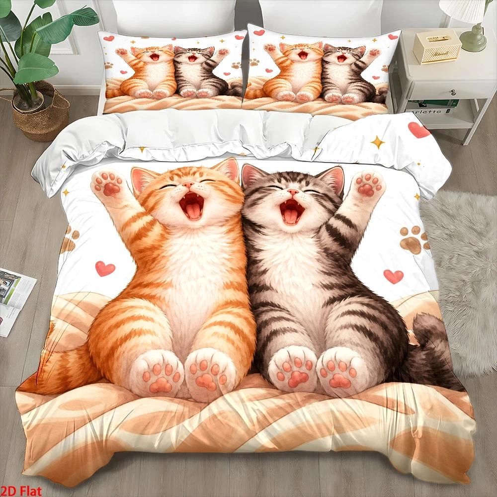 Duvet Cover Sets With Zipper - 3-teiliges Bettwäsche-Set mit niedlichem Katzenmuster, dreiteiliges