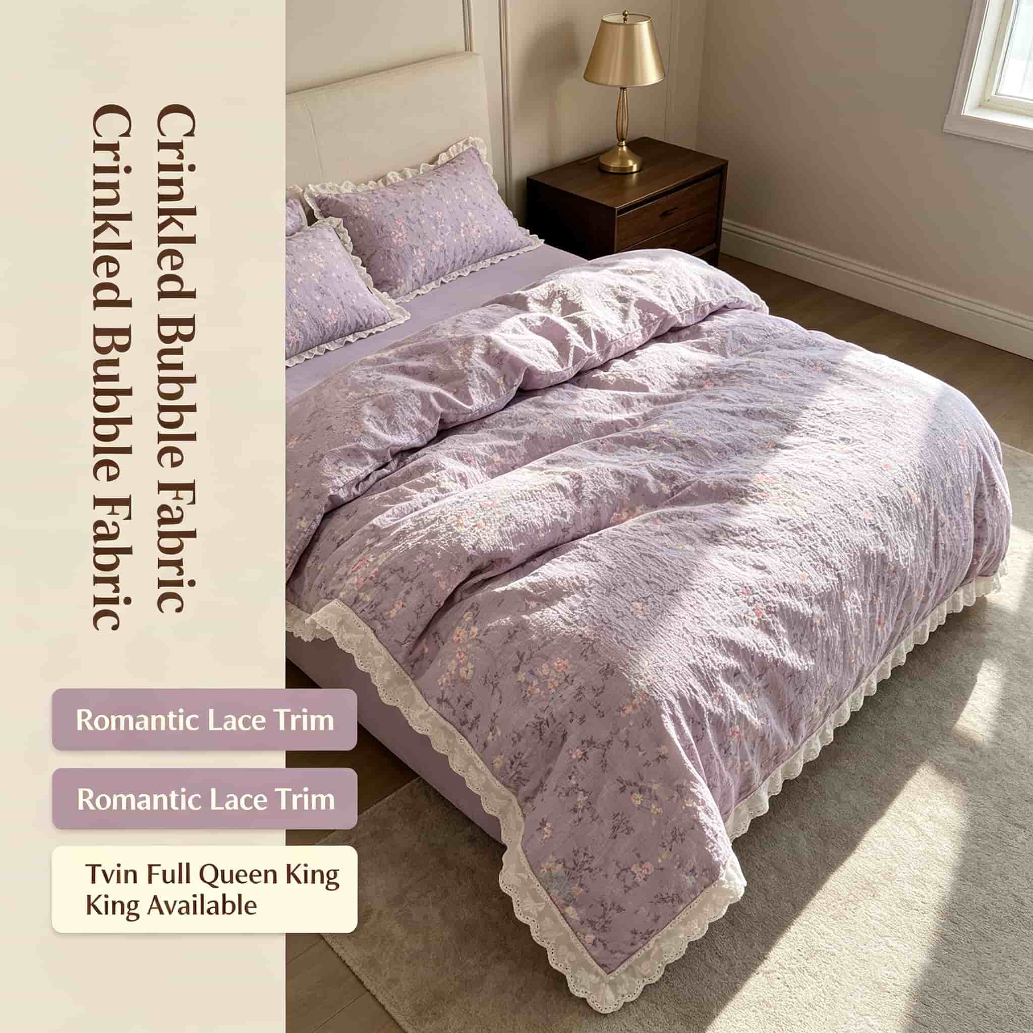 Aesthetic Floral Duvet Cover - Bettwäsche-Sets mit Rüschen und Spitze, lila,