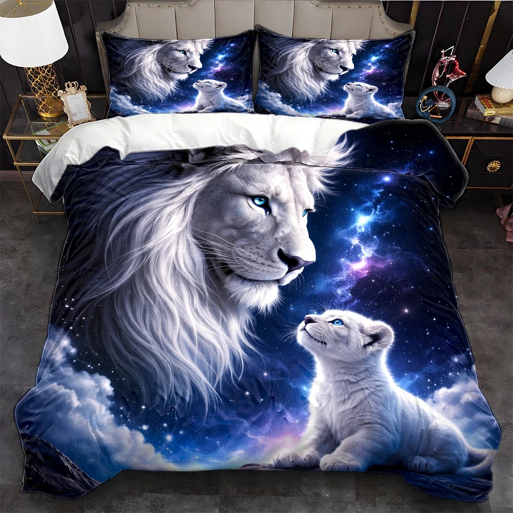 Duvet Cover Sets With Zipper - 3-teiliges Sternenhimmel-Löwen Eltern-Kind-Themen-Bettwäsche-Set, Drei-Teile-Bettwäsche-Set (1x Bettbezug