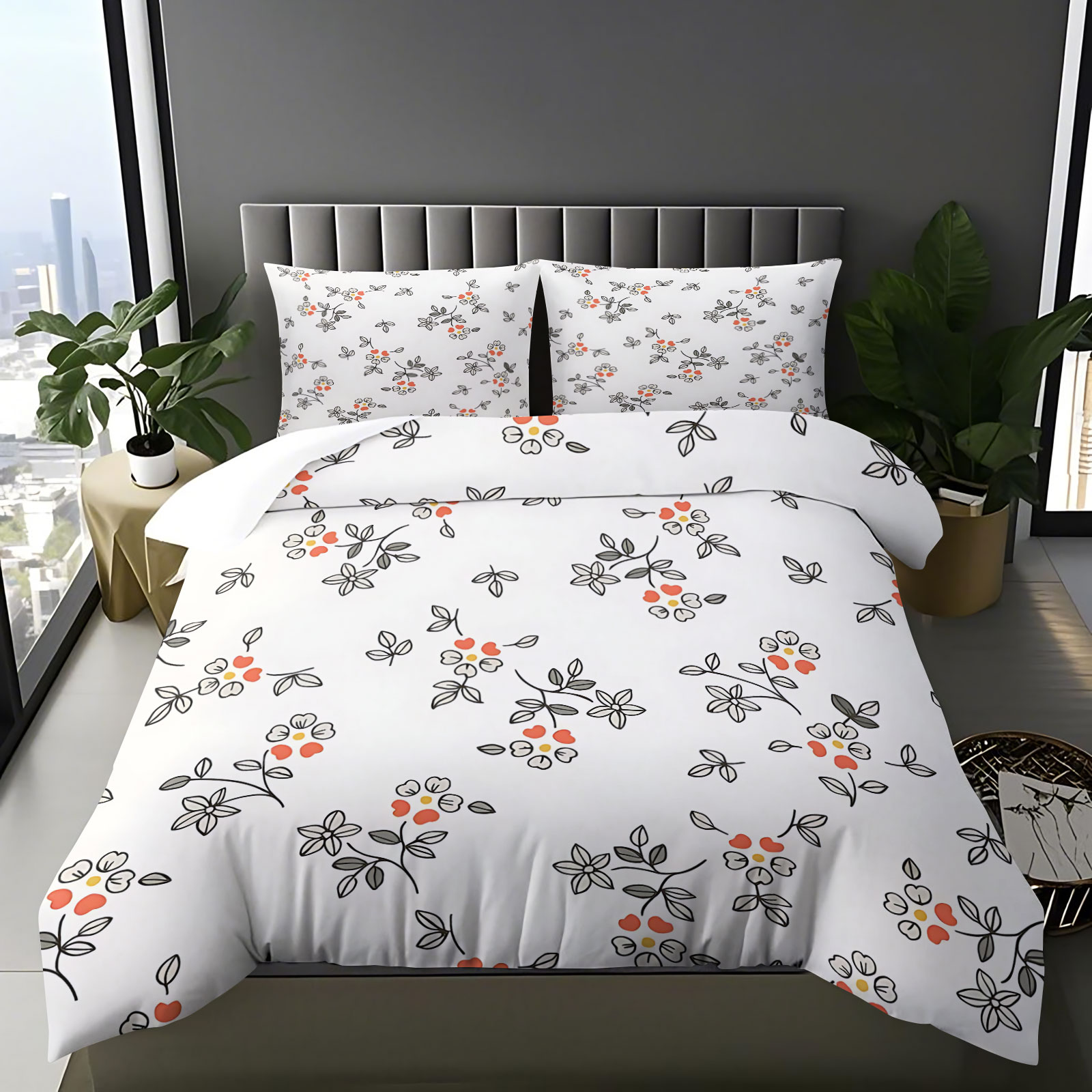 Aesthetic Floral Duvet Cover - Minimalistisches handgezeichnetes Bettwäsche-Set mit dünnen Linien