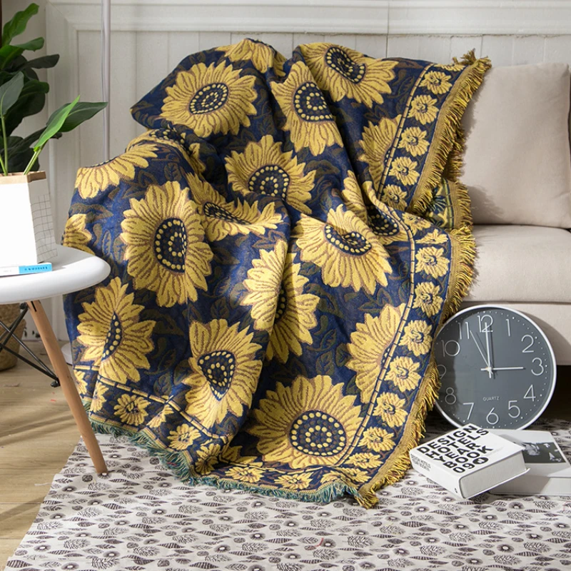 Boho Throw Blanket Fringe - Textilstadt ins ländliche blaue Sonnenblume Baumwolle