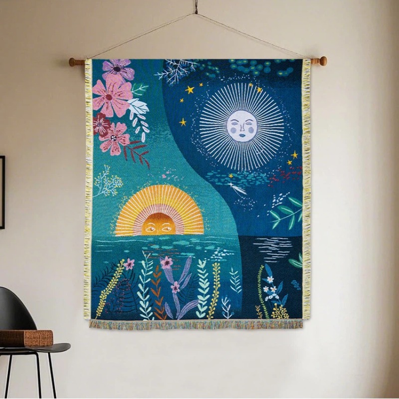 Boho Throw Blanket Fringe - Himmelschöner Sonne-Mond Gewebter Wandteppich Boho-Chic Wandbehang