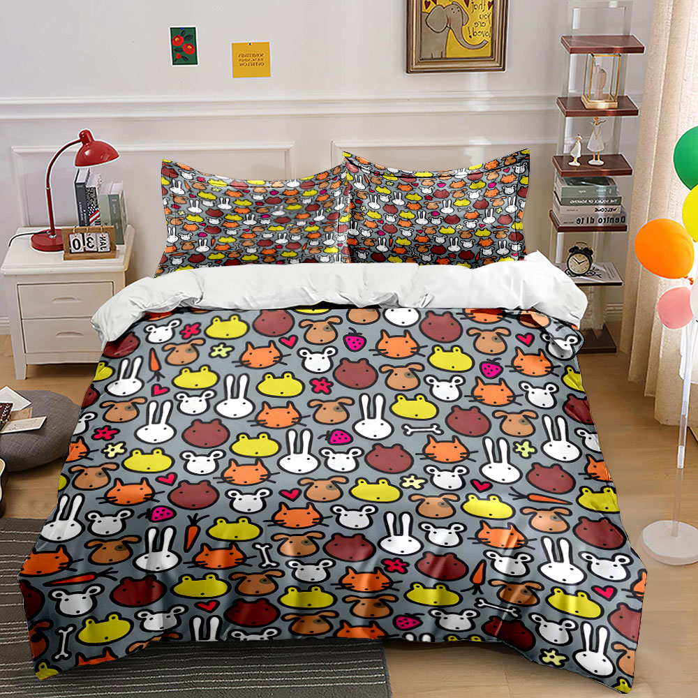 Duvet Cover Sets With Zipper - Bettbezug-Set mit Cartoon-Tiergesichtsmuster, Digitaldruck, bunte Polyester-Bettwäsche