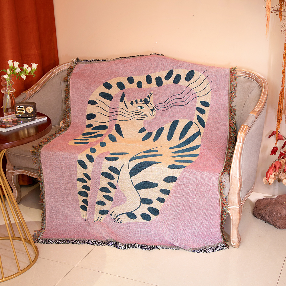 Boho Throw Blanket Fringe - Boho Abstrakte Katzen-Jacquard-Decke Künstlerischer Leoparden-Druck Gewebter