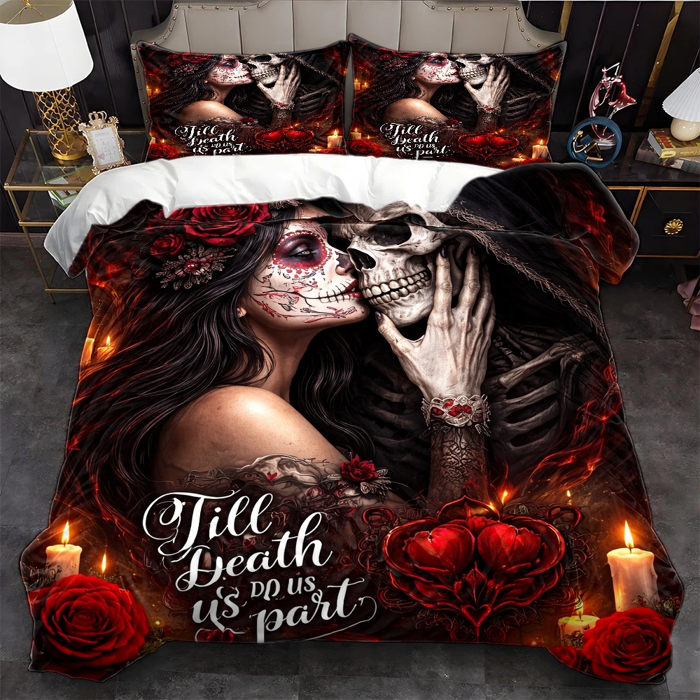Duvet Cover Sets With Zipper - 3-teiliges Bettwäsche-Set mit Totenkopf-Rosen-Motiv „Forever and