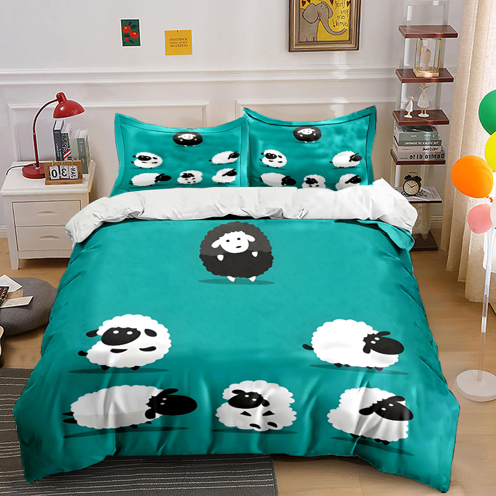 Duvet Cover Sets With Zipper - Bettwäsche-Set mit Cartoon-Schaf- und schwarzem Muster,