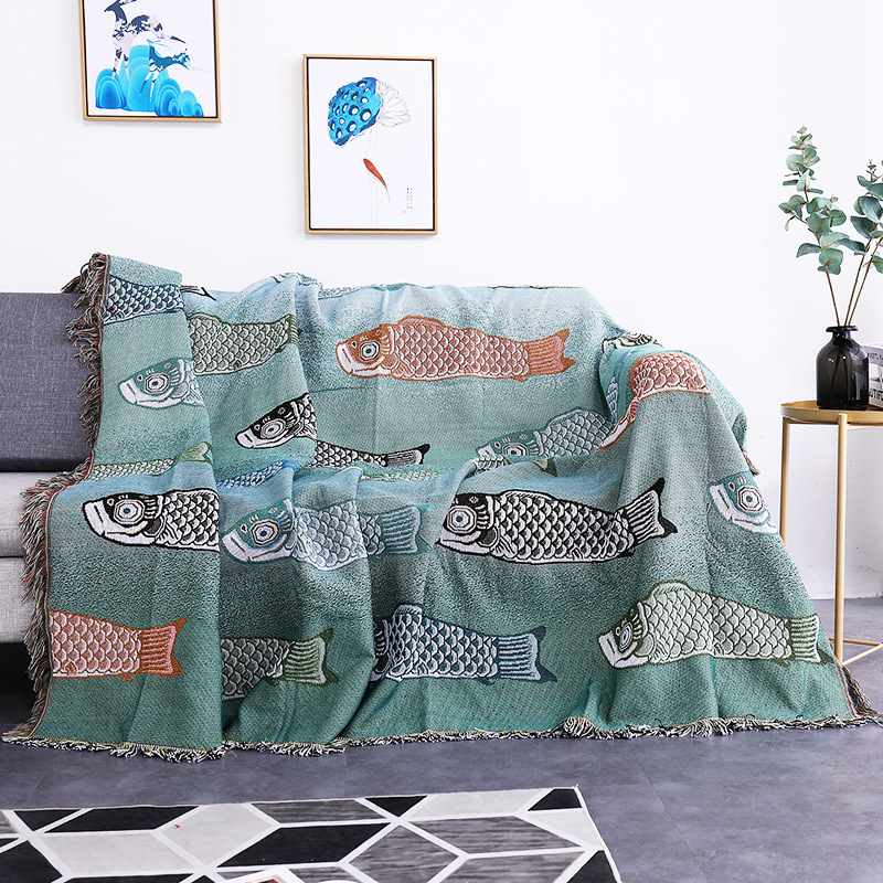 Boho Throw Blanket Fringe - Koi-Fisch Jacquard-Gewebte Wurfdecke Boho Ozean-Themen Wandteppich