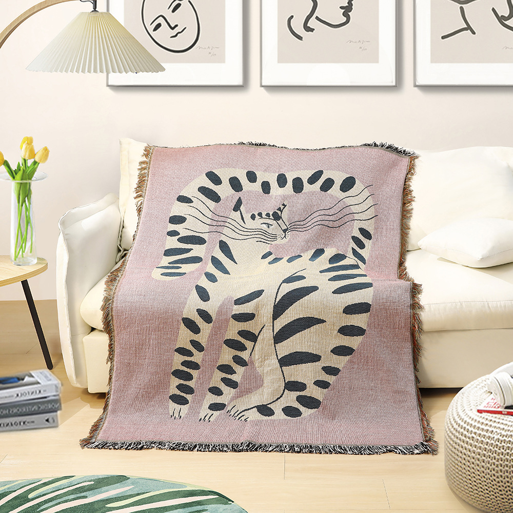 Boho Throw Blanket Fringe - Boho Abstrakte Katzen-Jacquard-Decke Künstlerischer Leopardenmuster-Wandteppich mit