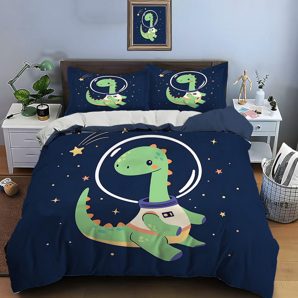 Duvet Cover Sets With Zipper - Weltraum-Dinosaurier mit Sternenhimmel-Hintergrund, Muster-Bettbezug-Set, Digitaldruck, Polyester-Bettwäsche